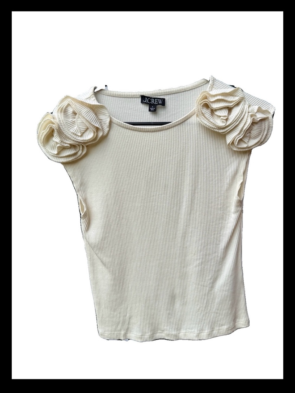 J.Crew Cream Ribbed Tank Top with Rosette Shoulder Accents